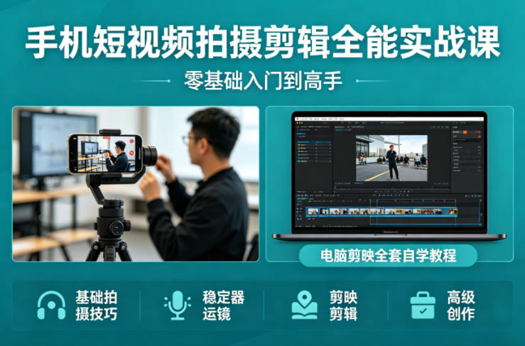 手机短视频拍摄剪辑全能实战课:零基础入门到高手,稳定器运镜+电脑剪映全套自学教程-小白网创